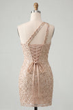 Champagne Bodycon One Shoulder Lace Up Back Homecoming Dress with Sequins