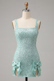 Mint Green Bodycon Square Neck Sequins Lace Up Back Homecoming Dress with Bow