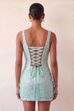 Mint Green Bodycon Square Neck Sequins Lace Up Back Homecoming Dress with Bow