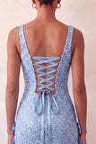 Mint Green Bodycon Square Neck Sequins Lace Up Back Homecoming Dress with Bow