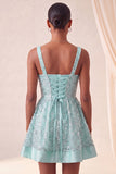 Sky Blue A-Line Square Neck Lace Up Back Sequins Homecoming Dress with Bow