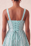 Sky Blue A-Line Square Neck Lace Up Back Sequins Homecoming Dress with Bow