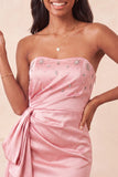 Satin Royal Blue Strapless Bodycon Lace Up Back Beaded Ruched Homecoming Dress with Sash