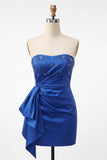 Satin Royal Blue Strapless Bodycon Lace Up Back Beaded Ruched Homecoming Dress with Sash