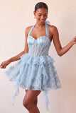 Halter Neck A-Line Mint Green Sheer Corset Floral Ruffled Homecoming Dress with Lace Up Back