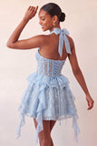 Halter Neck A-Line Mint Green Sheer Corset Floral Ruffled Homecoming Dress with Lace Up Back