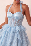 Halter Neck A-Line Mint Green Sheer Corset Floral Ruffled Homecoming Dress with Lace Up Back