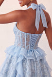 Halter Neck A-Line Mint Green Sheer Corset Floral Ruffled Homecoming Dress with Lace Up Back