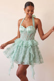 Halter Neck A-Line Mint Green Sheer Corset Floral Ruffled Homecoming Dress with Lace Up Back