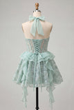 Halter Neck A-Line Mint Green Sheer Corset Floral Ruffled Homecoming Dress with Lace Up Back