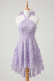 Lilac Halter Neck A-Line Pearls Floral High Low Homecoming Dress with Lace Up Back