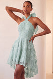Lilac Halter Neck A-Line Pearls Floral High Low Homecoming Dress with Lace Up Back