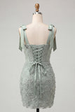 Dusty Sage Bodycon Corset Peals Floral Bowed Straps Homecoming Dress with Lace Up Back