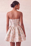 Dusty Blue Strapless A-Line Jacquard Floral Lace Up Back Homecoming Dress with Bow