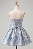 Dusty Blue Strapless A-Line Jacquard Floral Lace Up Back Homecoming Dress with Bow