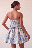 Dusty Blue Strapless A-Line Jacquard Floral Lace Up Back Homecoming Dress with Bow
