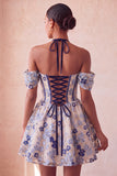 Light Pink Halter Neck A-Line Corset Jacquard Floral Homecoming Dress with Lace Up Back