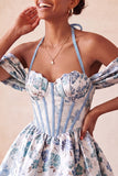 Light Pink Halter Neck A-Line Corset Jacquard Floral Homecoming Dress with Lace Up Back