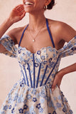 Light Pink Halter Neck A-Line Corset Jacquard Floral Homecoming Dress with Lace Up Back