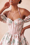 Light Pink Halter Neck A-Line Corset Jacquard Floral Homecoming Dress with Lace Up Back