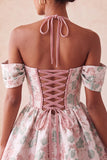 Light Pink Halter Neck A-Line Corset Jacquard Floral Homecoming Dress with Lace Up Back