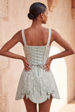 A-Line Dusty Sage Square Neck Jacquard Floral Lace Up Back Homecoming Dress with Bow