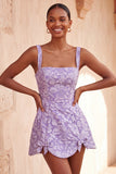 A-Line Dusty Sage Square Neck Jacquard Floral Lace Up Back Homecoming Dress with Bow