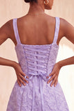 A-Line Dusty Sage Square Neck Jacquard Floral Lace Up Back Homecoming Dress with Bow