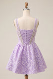 A-Line Light Purple Square Neck Corset Jacquard Lace Up Back Beaded Homecoming Dress