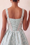 A-Line Light Purple Square Neck Corset Jacquard Lace Up Back Beaded Homecoming Dress