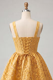 A-Line Jacquard Yellow Floral Lace Up Back Homecoming Dress with Bow