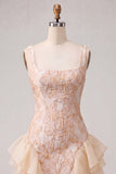 Champagne Jacquard Square Neck Lace Up Back Tight Homecoming Dress with Ruffles