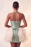 Light Pink Halter Neck Floral Lace Up Back Bodycon Homecoming Dress with Ruffles