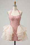 Light Pink Halter Neck Floral Lace Up Back Bodycon Homecoming Dress with Ruffles
