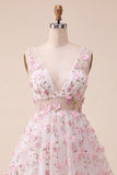 Blush V-Neck Floral A-Line Homecoming Dress with Lace Up Back