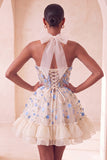 Light Yellow A-Line Ruffled Lace Up Back Sheer Corset Floral Homecoming Dress