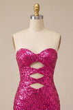 Sweetheart Fuchsia Keyhole Bodycon Sparkly Sequin Homecoming Dress with Slit