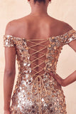 Sparkly Champagne Off The Shoulder Bodycon Homecoming Dress with Sequins