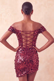 Sparkly Champagne Off The Shoulder Bodycon Homecoming Dress with Sequins