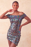 Sparkly Champagne Off The Shoulder Bodycon Homecoming Dress with Sequins