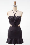 Black Halter Cut Out Bodycon Mini Homecoming Dress with Ruffles