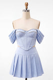 Off The Shoulder Light Pink Corset Pleated 2 Piece Homecoming Dress with Beading