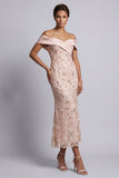 Blush Off the Shoulder Mermaid Beaded Midi Mother Of the Bride Dress