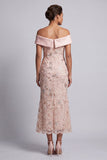Blush Off the Shoulder Mermaid Beaded Midi Mother Of the Bride Dress