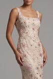 Mermaid Blush Square Neck Beaded Midi Mother Of the Bride Dress