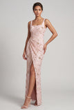 Blush Mermaid Square Neck Beaded Ruched Long Mother Of the Bride Dress with Slit