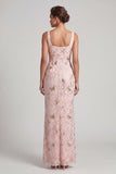Blush Mermaid Square Neck Beaded Ruched Long Mother Of the Bride Dress with Slit