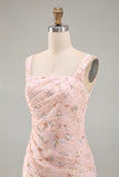 Blush Mermaid Square Neck Beaded Ruched Long Mother Of the Bride Dress with Slit