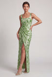 Blush Mermaid Square Neck Beaded Ruched Long Mother Of the Bride Dress with Slit