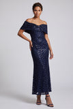 Sparkly Mermaid Navy Off the Shoulder Midi Mother Of the Bride Dress with Sequins